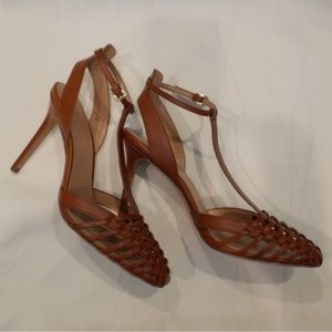BR Cognac Leather Woven Ankle Strap Heels - Sz 9